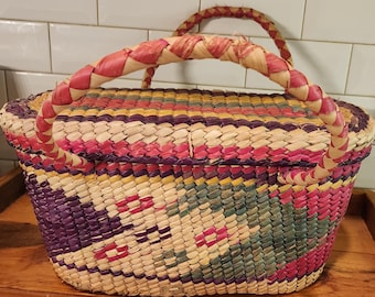 Colorful BOHO  Woven Rattan Tote with Lid For The Beach, Picnic, Market Shopping or Decor