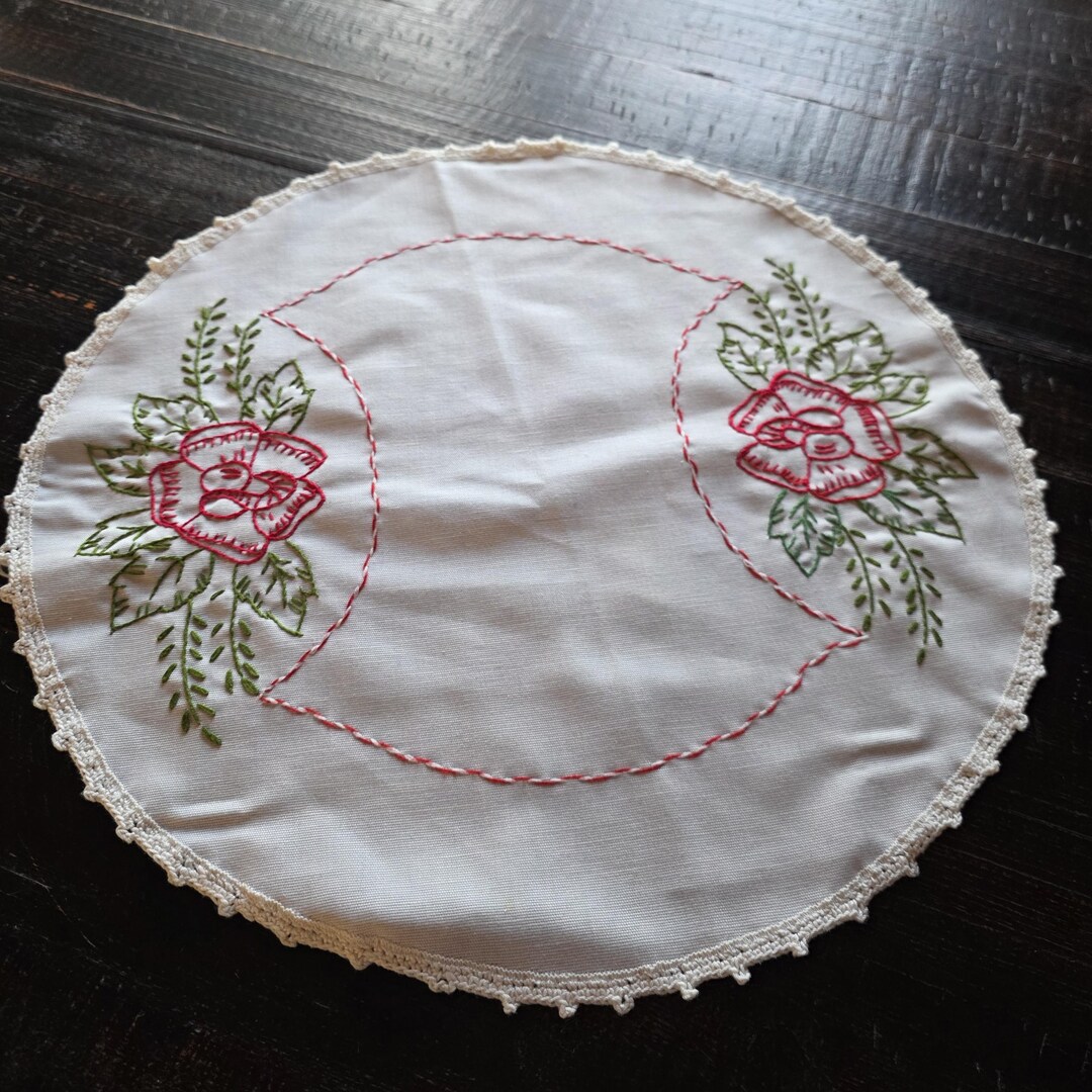 Vintage Table Round Topper Runner With Hand Red Flower Embroidery - Etsy