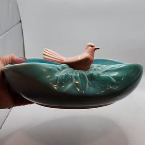 RARE McCoy USA Turquoise Blue Shallow Bowl Planter Attached Pink Vintage