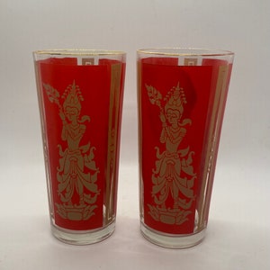 Culver Thai Goddess Highball Red and Gold Set of 2 Vintage