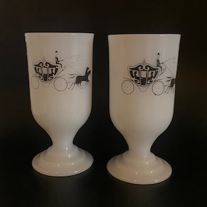 Horse and Carriage Silhouette  Milk Glass Pedestal Mugs Set of Two Vintage