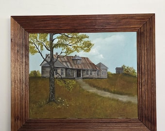 Signed Oil Painting Art Log Cabin Framed in Custom Solid Wood Frame 23" x 30"