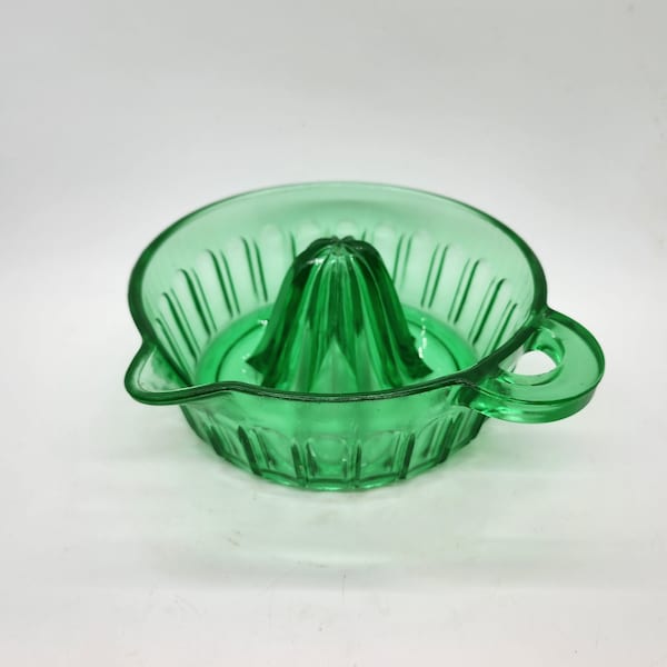 Uranium Green Glass Ribbed Citrus Juicer Reamer with Handle Large