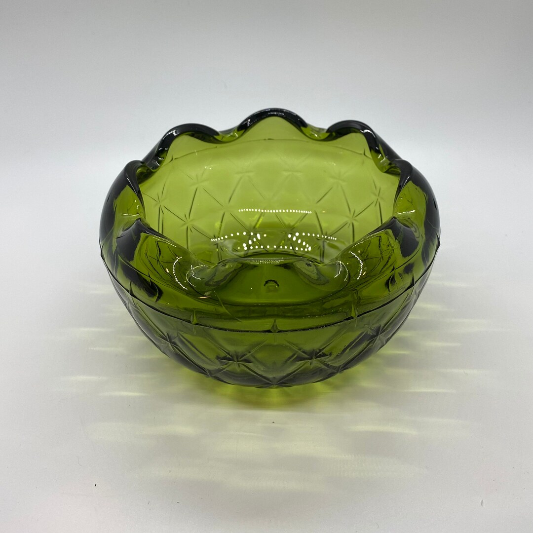 Fostoria Olive Green Glass Candy Bowl Candy Dish MCM Art Deco Vintage