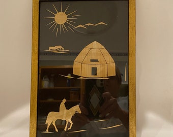 Framed Vintage Rice Straw Art Asian Oriental Russian Scene Vintage