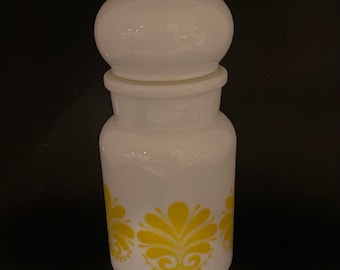 Apothecary Jar 1970’s Milk Glass Yellow Motif Design Made in Belgium Vintage