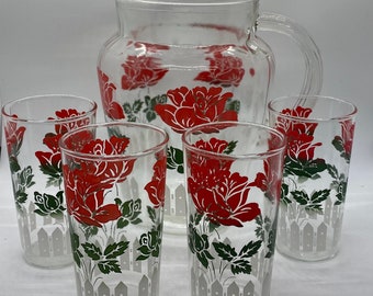 Seea×axxe classic 花柄デザイン タッパー Lサイズ Hazel Atlas Glass Pitcher Red Roses Picket Fence and Set of 4