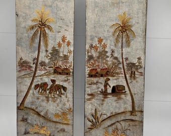 Vintage Egg Shell Lacquer Asian Oriental Vertical Rectangular Placques Signed  Set of 2 Tawain