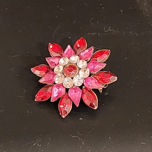 Deep Red and Pink Vintage Rhinestone Floral Glow Brooch