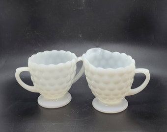 Anchor Hocking Bubble Milk Glass White Pitcher Creamer Sugar Bowl Set Vintage