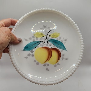 Westmoreland Perlenrand Milchglas Salatteller Handbemalter Pfirsich Design Vintage