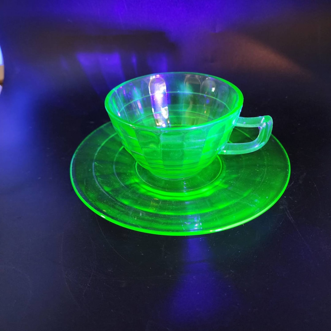 Block Optic Depression Glass Uranium Glow Teacup and Saucer Anchor