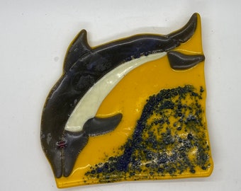 Gerecyclede gesmolten kunst glas marlijn vis decoratieve schotel snuisterij tray vintage