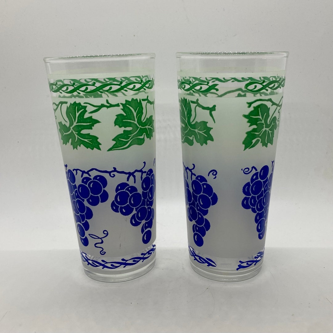 Hazel Atlas Highball Glasses Frosted Purple Grapes and Green