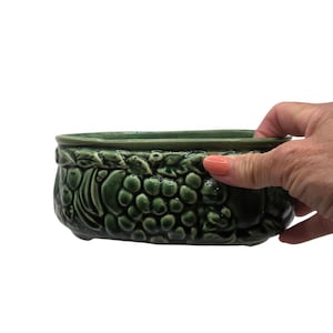 May include: A dark green ceramic planter with a glossy finish, featuring a raised relief design of grapes and leaves around the exterior. The vessel has an oval shape and a smooth, thick rim, showcasing a monochromatic color scheme throughout.