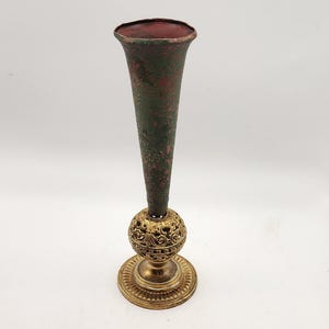 Vintage Rare Filigree Brass and Copper Trumpet Vase with Pantina