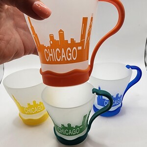 Very RARE Vintage Chicago Expresso Frosted Glass Cups with Plastic Holder Style Handles Chicago Advertising Set of 4