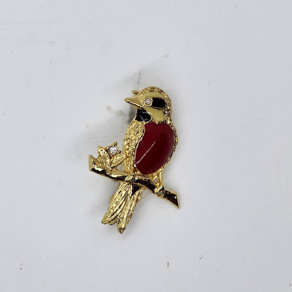 Vintage Enamel and Rhinestone Bird Pin on Branch Gold Tone Costume Brooch Vintage Jewelry Woodpecker