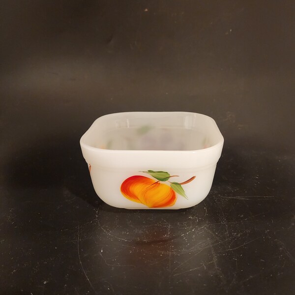 Vintage Fire King 4" Square Milk Glass Refrigerator Dish Painted Fruit Design