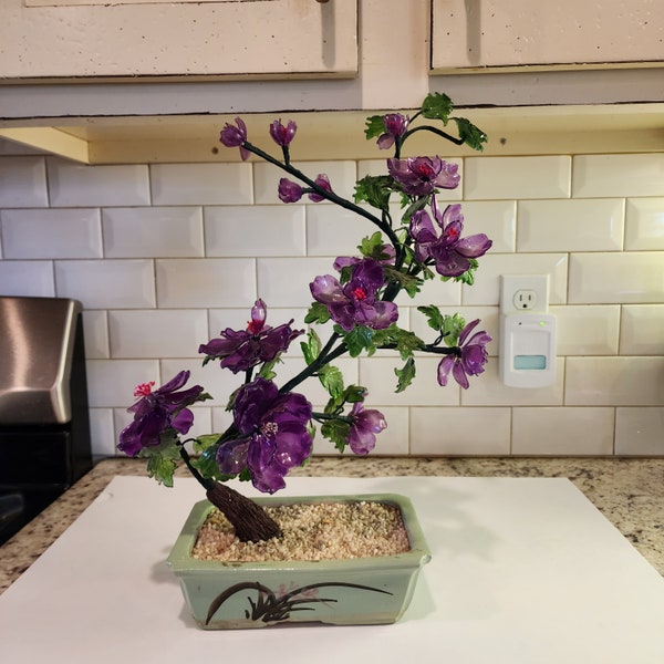 Asian 18" Glass Bonsai Purple Floral Arrangement Set Vintage