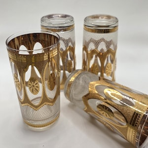 Vintage Culver Highball Glasses: 22K Gold Medallion Barware, Set of 4