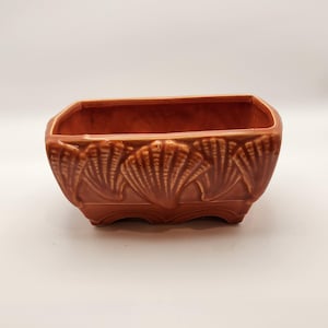 American Bisque Burnt Orange Glaze Embossed Shells Rectangular Pottery MCM Planter Vintage