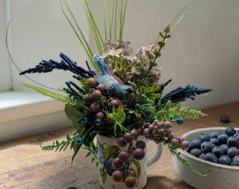 Vintage Bluebird Figurine Hydrangea Blueberry Mug Cup Floral Assemblage Decor