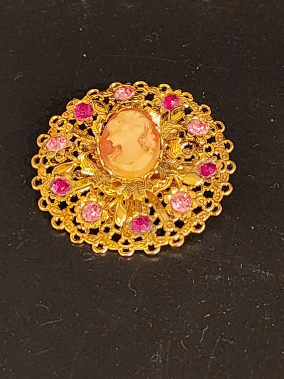 Victorian Style Cameo Goldtone Rhinestone Medallio