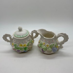 Porcelain Creamer and Sugar Ceramic Blackberry Blueberry Fruit Embossed Vintage