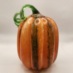 Large Tall Orange Green Blown Glass  Pumpkin Decor