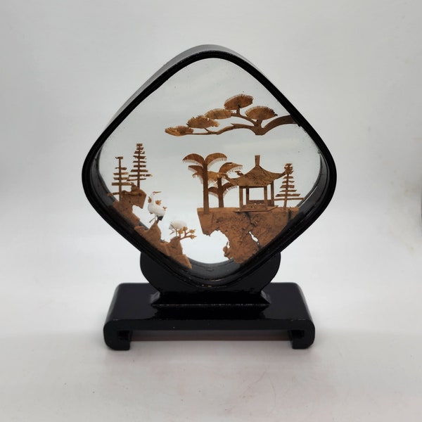 Hand Carved Cork Diorama in Glass Case Cranes Pagoda Art Vintage