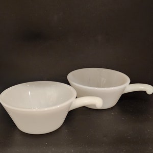 Set of 2 Fire King Anchor Hocking Milk Glass Serving Bowl with Handle Ramekin Style Vintage