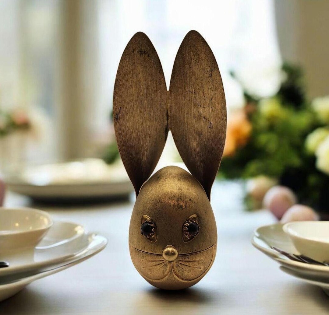 Vintage Brushed Brass Gold Tone Bunny Rabbit Coin Bank, by Napier