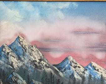Signed Oil Painting Snow Topped Mountains Framed Solid Wood Frame 19" x 23" Vintage