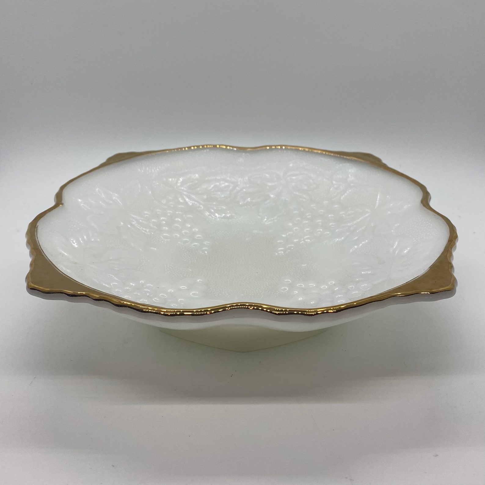 Vintage Fire King White Milk Glass Embossed Grapes Dish Bowl Etsy
