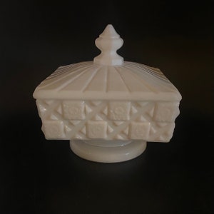 Westmoreland White Milk Glass Old Quilt Pattern Candy Dish with Lid Vintage