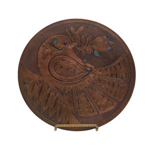 Vintage Chilean Artisan Copper Wall Plate Embossed Dove Lapis Lazuli Inlaid Stones Made in Chile 7 3/4"