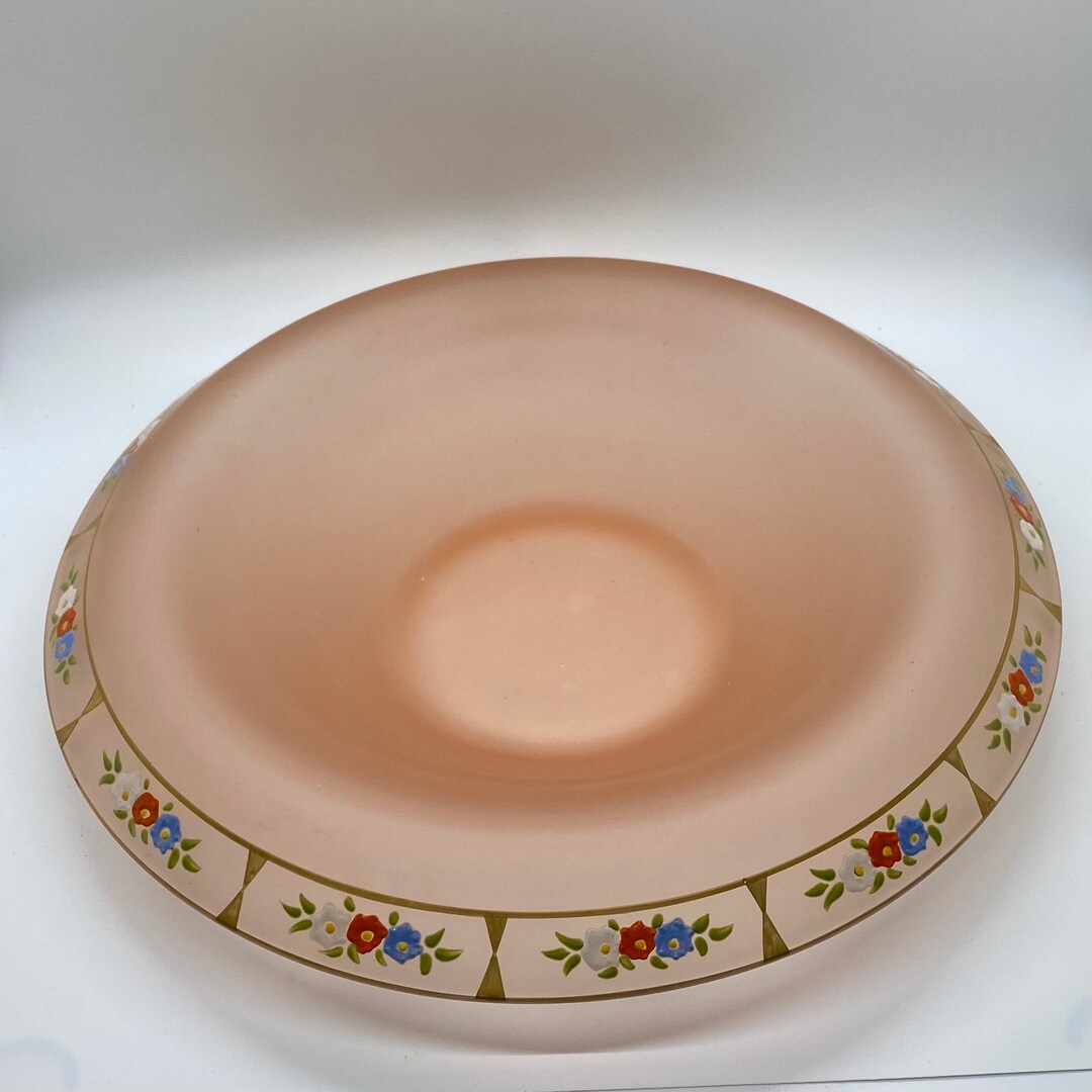 Pink Satin Frosted Vintage Console Bowl With Floral Motif Rolled Edge