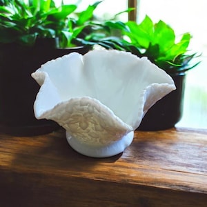 May include: A white, ruffled-edge bowl with a textured floral design on the lower portion. The bowl sits on a small, round base. The background includes green plants in dark pots, suggesting a decorative or display item.