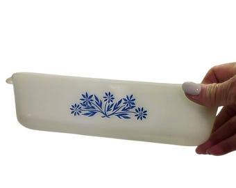 Vintage Fire King Anchor Hocking Milk Glass Square Blue Cornflower Pattern  1-Quart Oven-Proof Casserole Bakeware 8 x 8