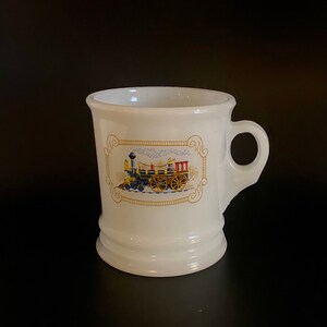 Shaving Mug with Train Motif Avon 1970&#39;s White Milk Glass Coffee Mug Vintage