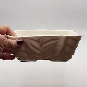 May include: A rectangular, off-white ceramic planter with a textured, leaf-like pattern on the sides. The planter has a light brown color and sits on small feet. The interior is a lighter shade of off-white.