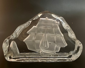 Viking Handmade Clear and Frosted Glass Paperweight Ship Vintage