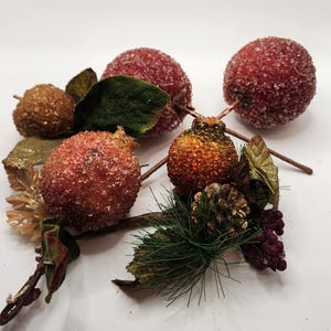Faux Fruit Jeweled Sugar Beaded Assortment Apples  Pears Vintage Set of 5