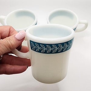 Pyrex Milk Glass with Turquoise Laurel Leaf Bluegrass Pattern Design Coffee Cups Set of 3 Vintage
