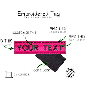 Peut inclure: Étiquette brodée avec le texte "YOUR TEXT" en noir sur fond rose. L'étiquette mesure 2,5 x 10,8 cm et comprend un dos auto-agrippant. L'image montre également des options de personnalisation.