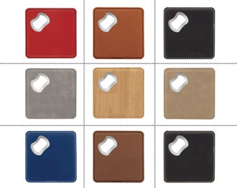 May include: Set of ten blank bottle opener keychains in various colors, including red, brown, gray, beige, blue, and black. Each keychain has a bottle opener on one side and a blank surface on the other side.