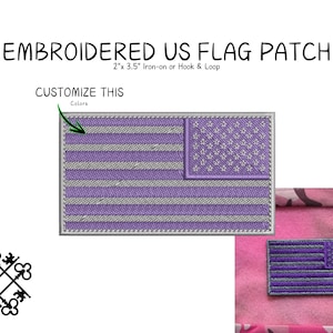 May include: Embroidered US flag patch, measuring 2 x 3.5 inches, with a purple and gray color scheme. The text "EMBROIDERED US FLAG PATCH" is displayed above the patch. The patch is iron-on or hook & loop.