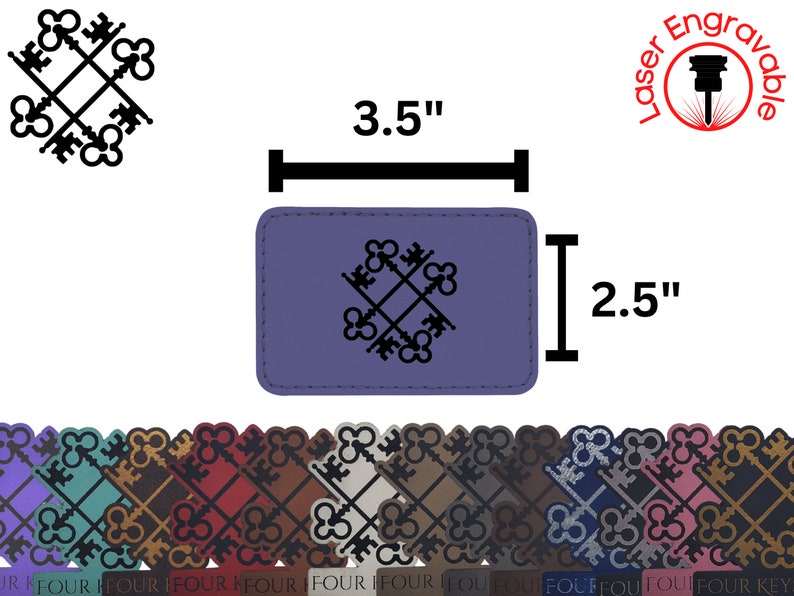 May include: A purple leather patch with a black key design. The patch is 3.5 inches wide and 2.5 inches tall. The patch is laser engravable.