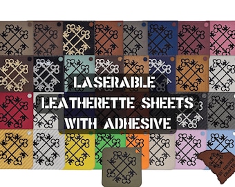 May include: A collection of laserable leatherette sheets with adhesive in various colors, each featuring a key design. The image includes a variety of colors, including brown, black, blue, and pink. The text "LASERABLE LEATHERETTE SHEETS WITH ADHESIVE" is displayed.